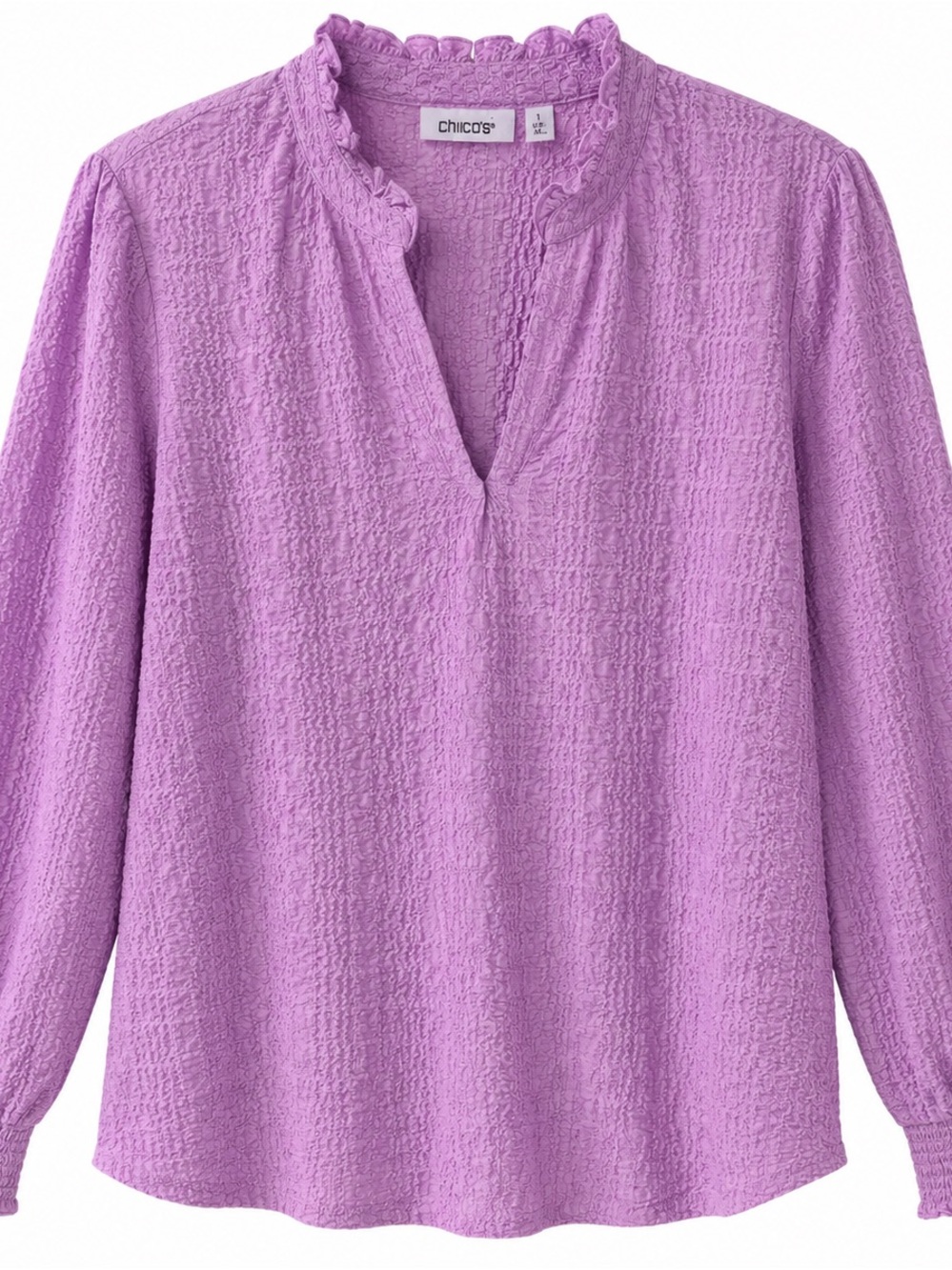 332. Chico's Lavender Textured Ruffle Trim V-Neck Blouse